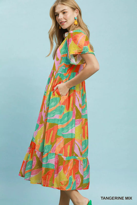 umgee abstract tropical Umgee Abstract Tropical Print Tiered Midi Dress view 2 (dress) - shop at us.meeeshop