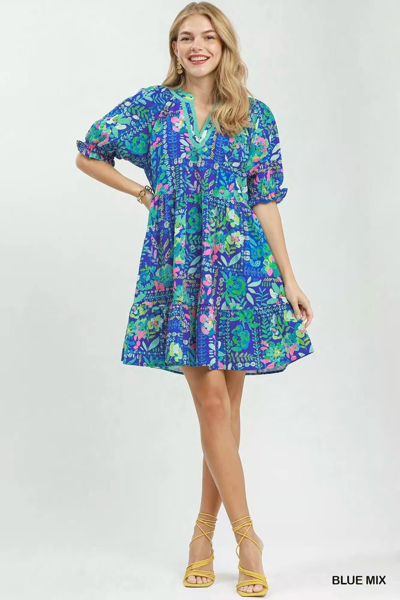 umgee mix botanical Umgee Mix Botanical Print Puff Sleeve Tiered Dress view 5 (dress) - shop at us.meeeshop