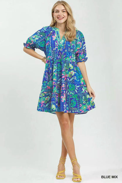 umgee mix botanical Umgee Mix Botanical Print Puff Sleeve Tiered Dress view 5 (dress) - shop at us.meeeshop