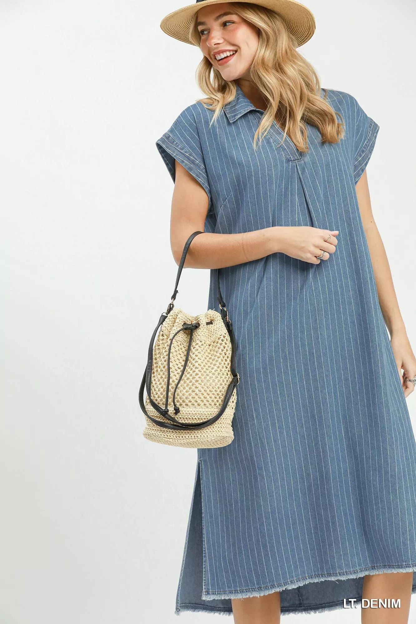umgee pinstripe denim Umgee Pinstripe Denim Collared Midi Dress with Side Slits view 4 (dress) - shop at us.meeeshop