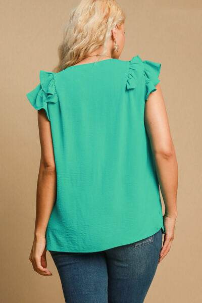 Umgee V-Neck Double Layered Ruffle Sleeve Blouse Plus Size - us.meeeshop