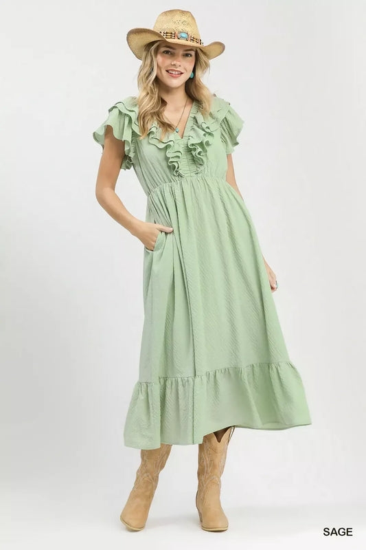 umgee textured ruffle Umgee Textured Ruffle Midi Dress SAGE (dress) - shop at us.meeeshop