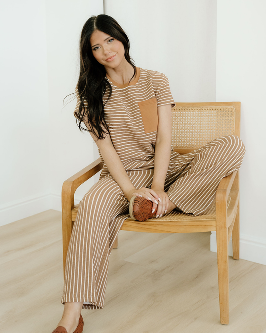 rowen stripe crew Rowen Stripe Crew Neck Tee Drawstring Waist Cropped Pants Set Khaki Stripe (top) - shop at us.meeeshop