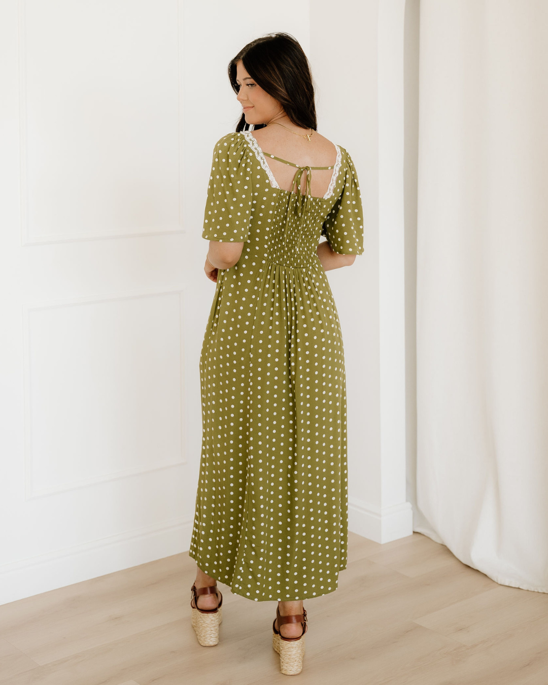 maleah polka dot Maleah Polka Dot Print Lacy Neckline Smocked High Waist Maxi Dress view 10 (dress) - shop at us.meeeshop