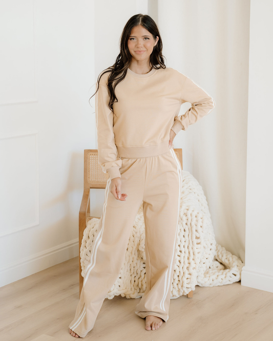 varsity pullover wide Varsity Pullover Wide Leg Pants 2pcs Outfit - Oatmeal Oatmeal (bottom) - shop at us.meeeshop
