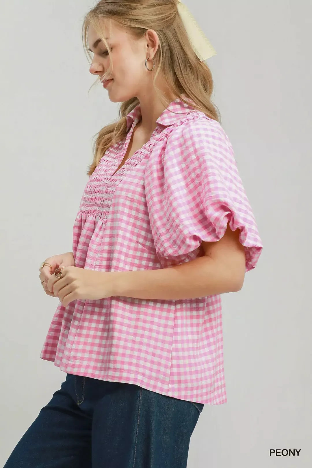 umgee smocked yoke Umgee Smocked Yoke Puff Sleeve Gingham Blouse view 2 (top) - shop at us.meeeshop