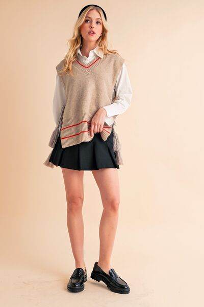 Aemi + Co Ribbed V-Neck Sweater Vest with Tassel - us.meeeshop