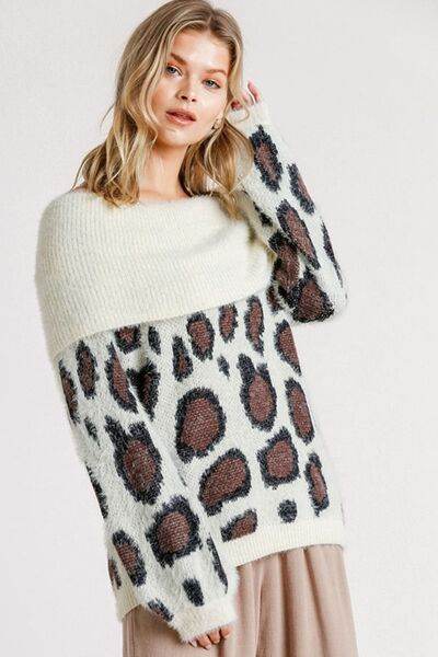 Umgee Leopard Off-Shoulder Long Sleeve Sweater Plus Size - us.meeeshop