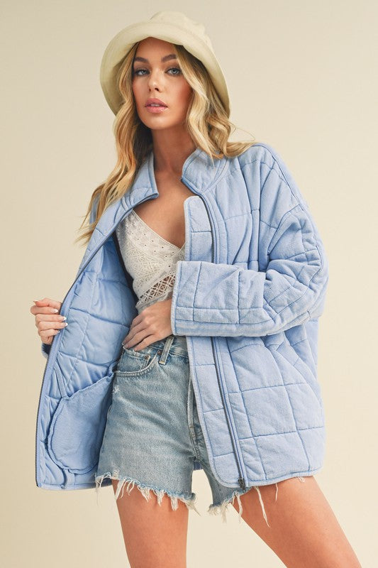 Aemi + Co Zip Up Drop Shoulder Quilted Washed Jacket in Light Blue - us.meeeshop