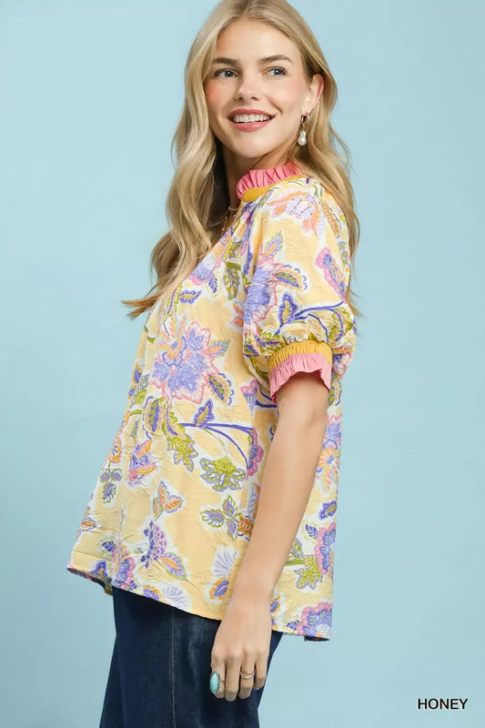 Umgee Floral Print Ruffled Short Sleeve Top (women's shirts & tops) view 2 - shop at us.meeeshop