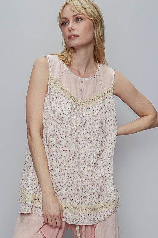 POL Lace Detail Floral Round Neck Sleeveless Top - us.meeeshop