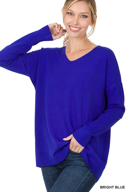ZENANA Hi-Low Garment Dyed V-Neck Front Seam Sweater | us.meeeshop
