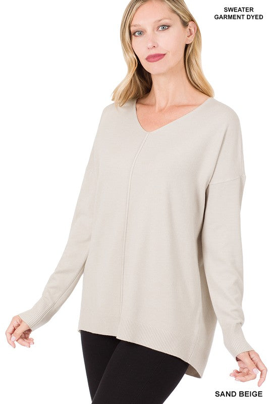 ZENANA Hi-Low Garment Dyed V-Neck Front Seam Sweater | us.meeeshop