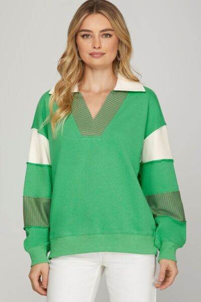 She + Sky Color Block Sleeve Johnny Collar French Terry Sweatshirt Plus Size - us.meeeshop