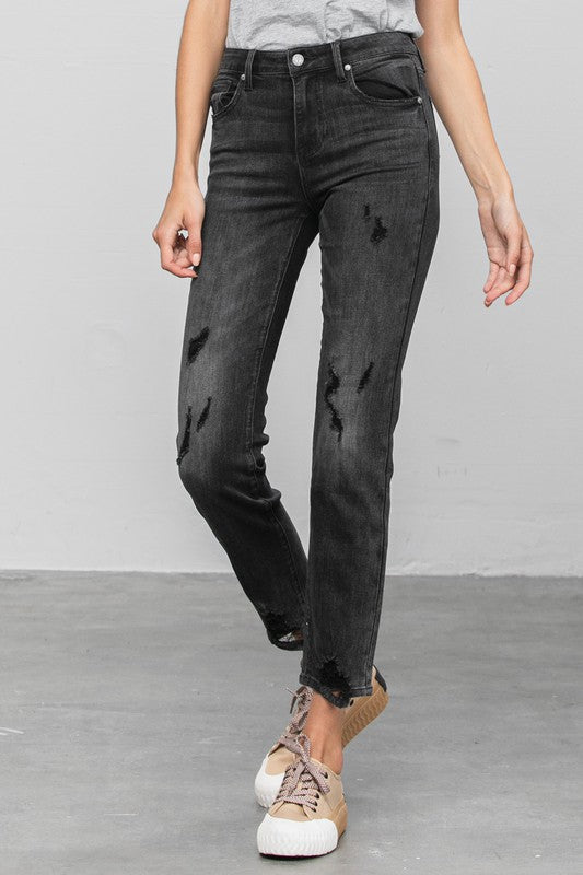 Mid Rise Distressed Straight Jeans us.meeeshop -  Pants