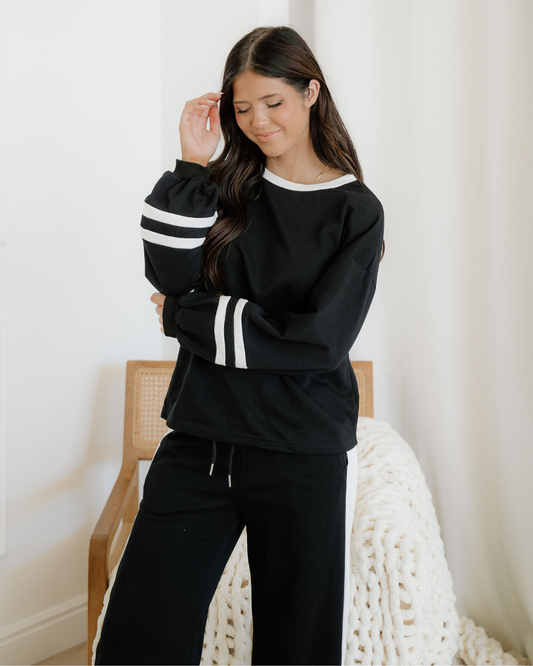 jordyn varsity stripe Jordyn Varsity Stripe Drawstring Wide Leg Pant Set - Black view 2 (bottom) - shop at us.meeeshop