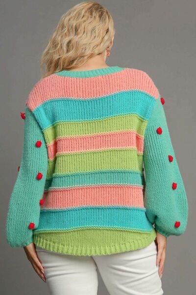 Umgee Color Block Cable Knit Sweater with Pom Pom Plus Size - us.meeeshop