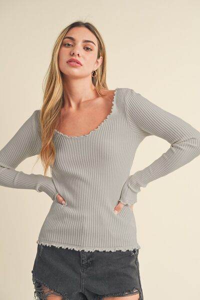 Aemi + Co Lettuce Hem Scoop Neck Long Sleeve Knit Top - us.meeeshop