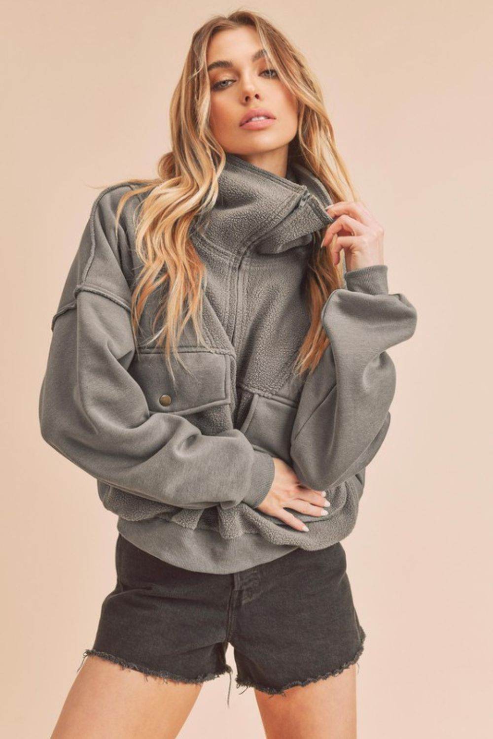 Aemi + Co Exposed Seam Half Zip Sweatshirt with Pockets - us.meeeshop