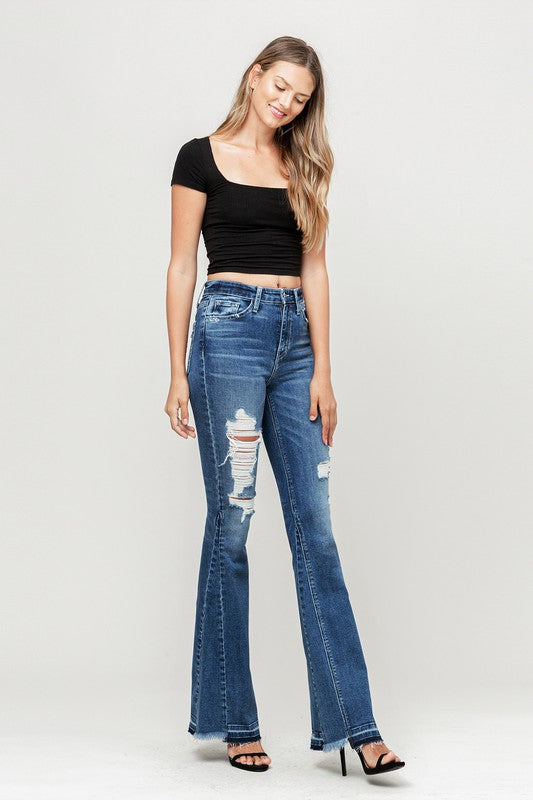 Flying Monkey High Rise Distressed Released Hem Flare Jeans | us.meeeshop
