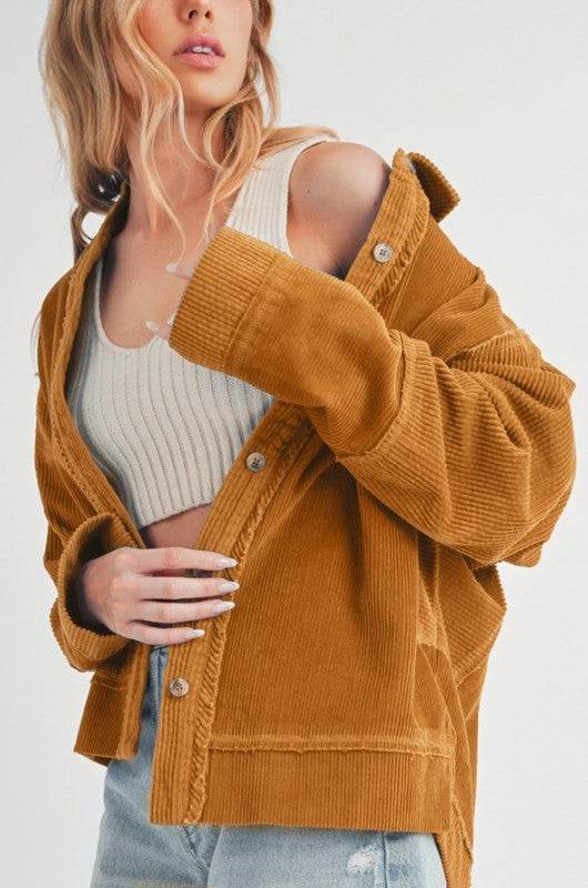 Aemi + Co Side Slit Exposed Seam Button Up Corduroy Jacket in Terracotta in Terracotta - us.meeeshop