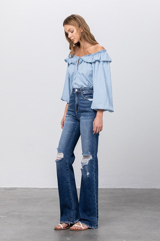 High Waist Ripped Flare Jeans | view 3 | Denim Lab USA | us.meeeshop