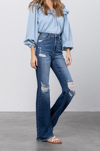 High Waist Ripped Flare Jeans | view 2 | Denim Lab USA | us.meeeshop