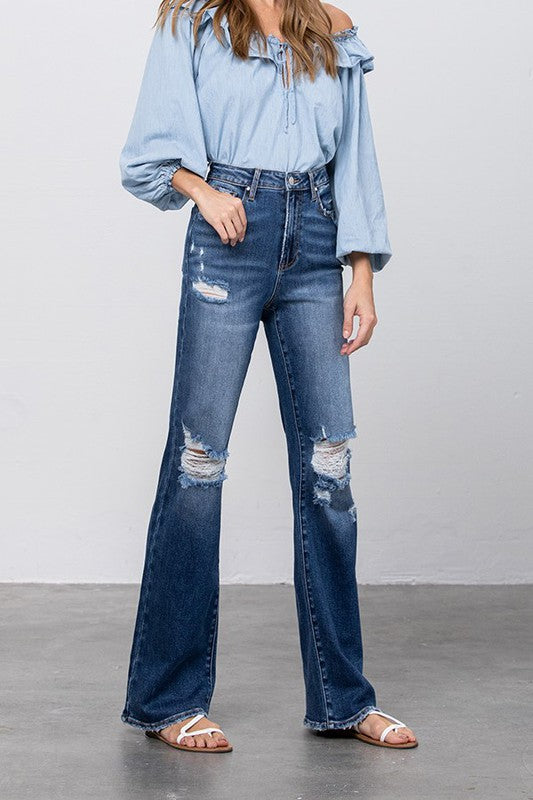 High Waist Ripped Flare Jeans | Denim Lab USA | us.meeeshop