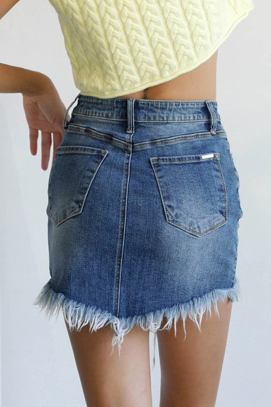 high waist long High Waist Long Frayed Hem Mini Denim Skirt view 2 (skirt) - shop at us.meeeshop