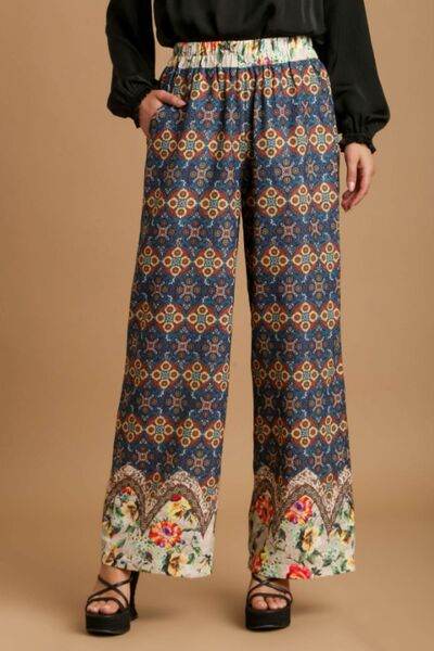 Umgee | Mixed Print Elastic Waistband Pants Plus Size - us.meeeshop