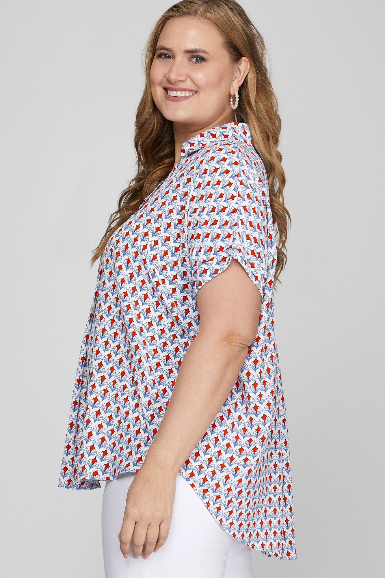 She + Sky | Printed Johnny Collar Short Sleeve Blouse Plus Size in Red - us.meeeshop