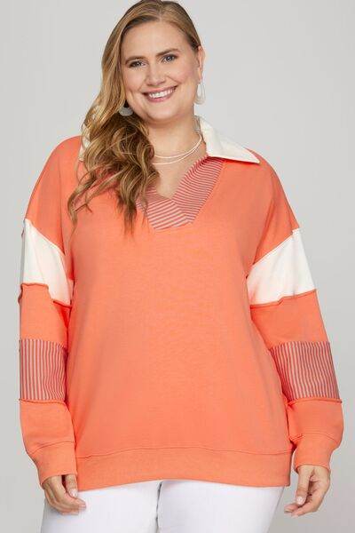 She + Sky Color Block Sleeve Johnny Collar French Terry Sweatshirt Plus Size - us.meeeshop