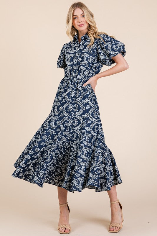 GeeGee Natural Leaf Pattern Eyelet Lace Puff Sleeve Dress - us.meeeshop