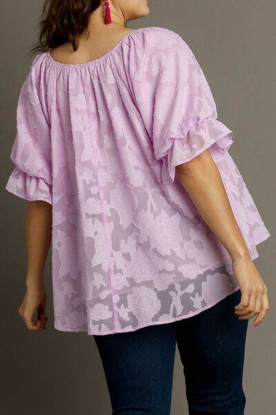 Umgee Jacquard Round Neck Ruffled Puff Sleeve Blouse Plus Size - us.meeeshop