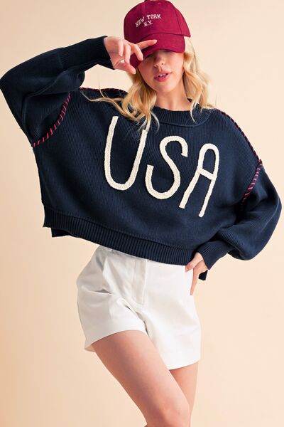 Aemi + Co USA Side Slit Round Neck Sweater - us.meeeshop