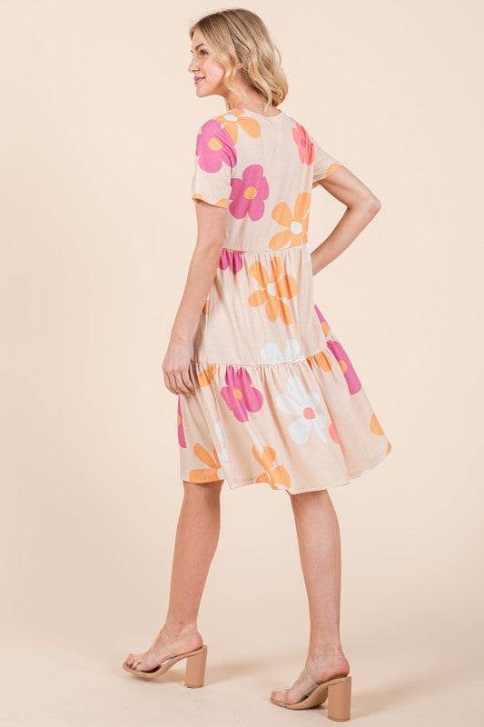 BOMBOM Floral Round Neck Short Sleeve Tiered Dress - us.meeeshop