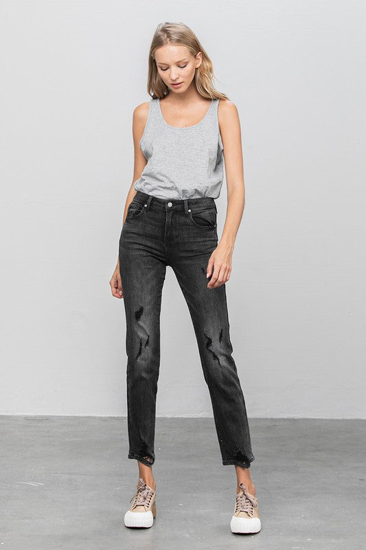Mid Rise Distressed Straight Jeans us.meeeshop -  Pants