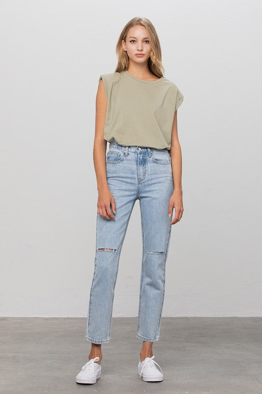 High Waist Ripped Tapered Jeans | view 4 | Denim Lab USA | us.meeeshop