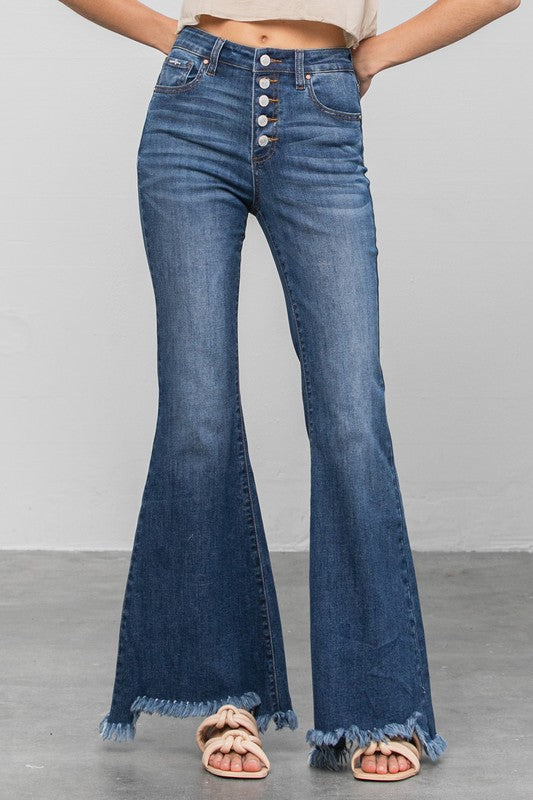 Button Fly Fray Hem Flare Jeans | Denim Lab USA | us.meeeshop