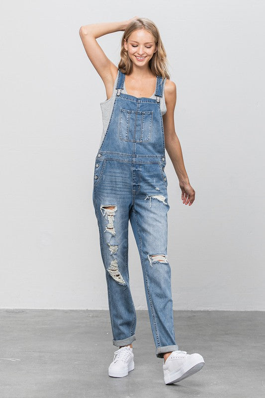 Patch Pocket Ripped Denim Overalls us.meeeshop -  Jumpsuits & Rompers