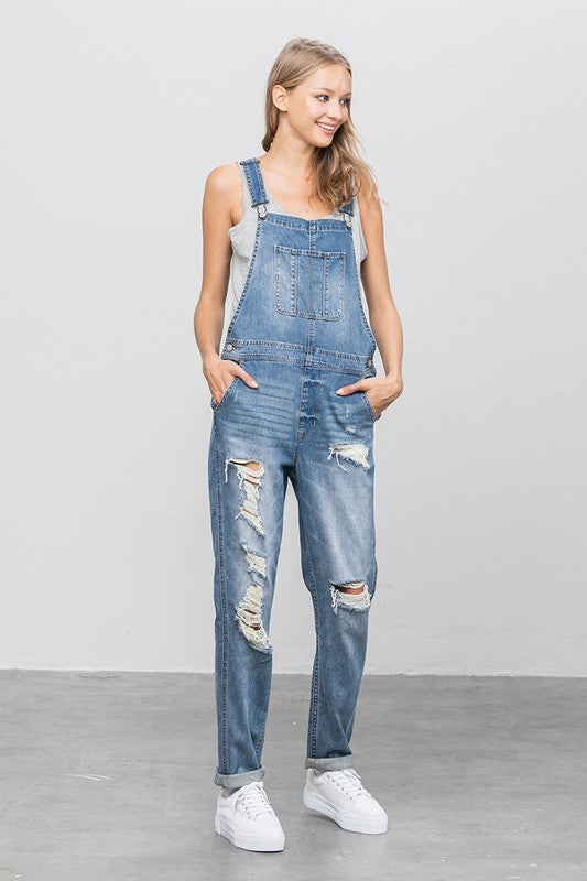 Patch Pocket Ripped Denim Overalls us.meeeshop -  Jumpsuits & Rompers