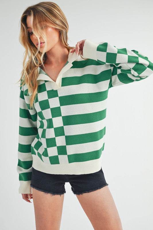 Aemi + Co Striped & Checkered Drop Shoulder Sweater - us.meeeshop