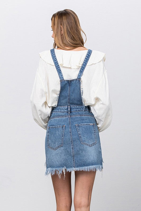 Frayed Denim Overalls Dress | view 2 | Denim Lab USA | us.meeeshop