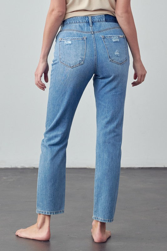 High Rise Distressed Straight Jeans | view 2 | Denim Lab USA | us.meeeshop