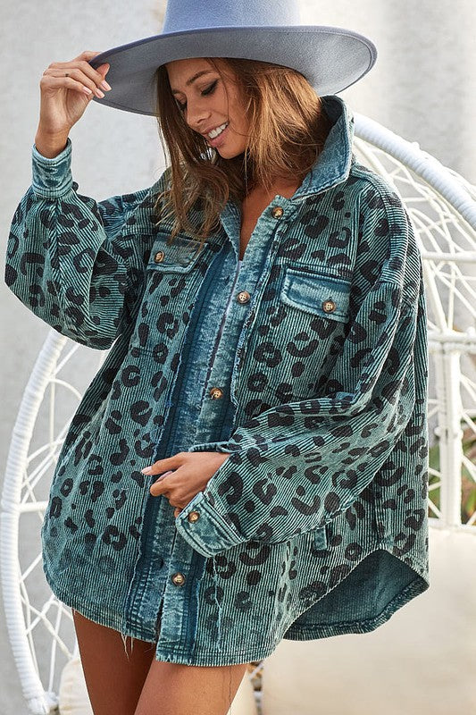 Vintage Washed Leopard Corduroy Buttoned Jacket | us.meeeshop