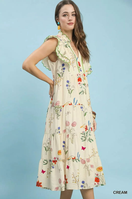 umgee floral ruffle Umgee Floral Ruffle Tiered Midi Dress with Scalloped Detail view 2 (dress) - shop at us.meeeshop