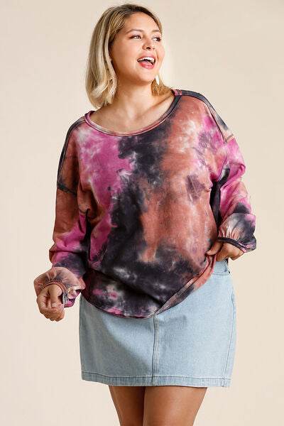 Umgee Tie Dye Round Neck Long Balloon Sleeve Top Plus Size - us.meeeshop