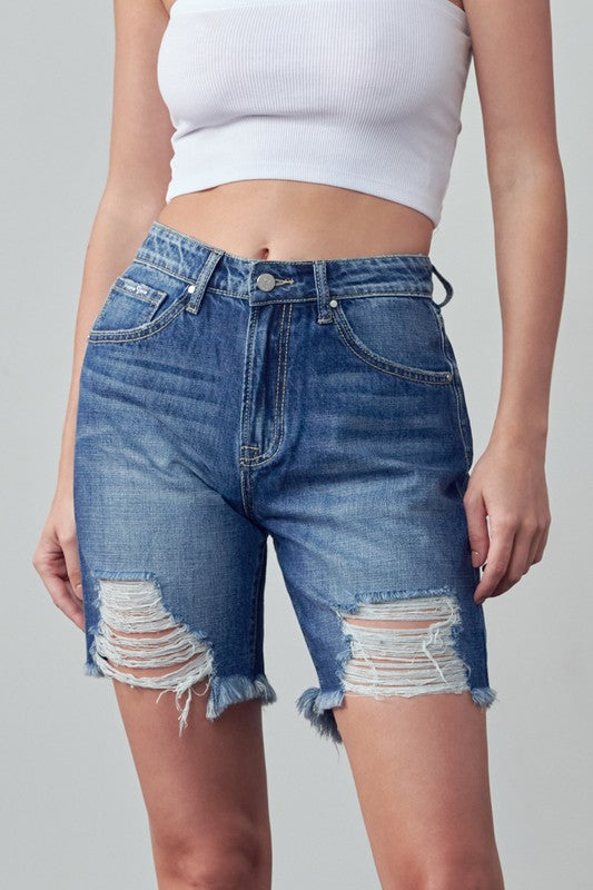 high rise ripped High Rise Ripped Bermuda Denim Shorts MEDIUM (bottom) - shop at us.meeeshop
