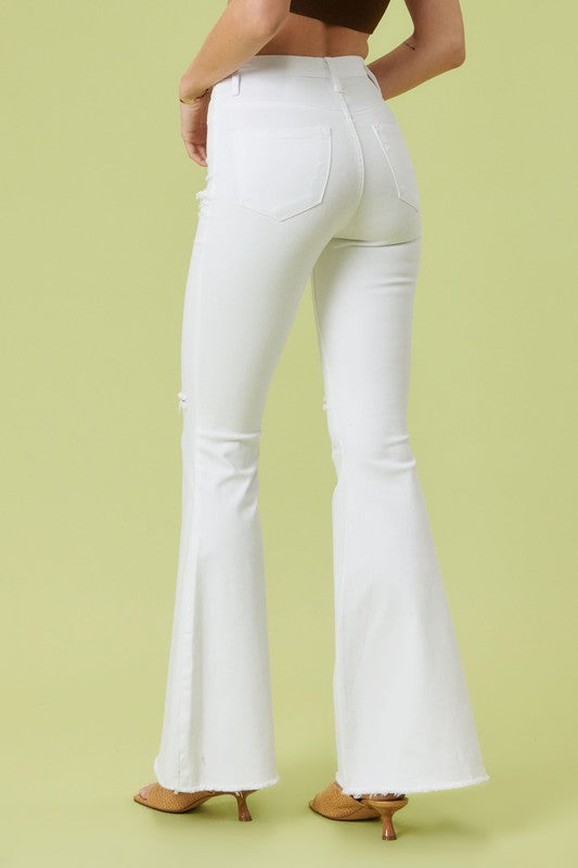 Vibrant MIU High Rise Flare Jeans in White | us.meeeshop