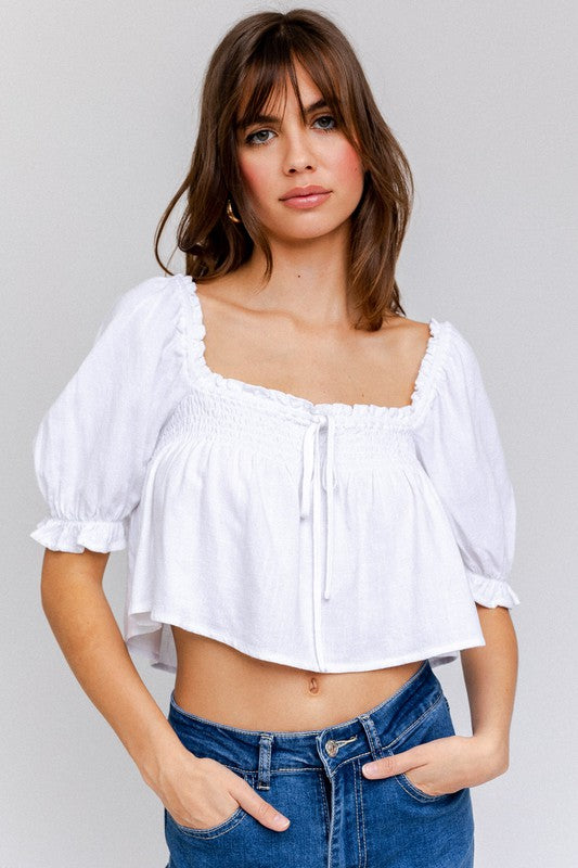 LE LIS Puff Sleeve Smocking Detail Flared Top | us.meeeshop